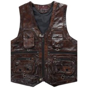 Gilet  biker sans manche en cuir marron