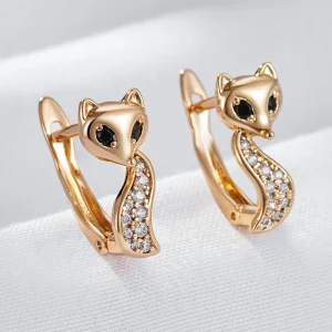 Boucles d'oreilles Renard, bijou en plaqué or 585 (14 carats) et zircons naturels blancs