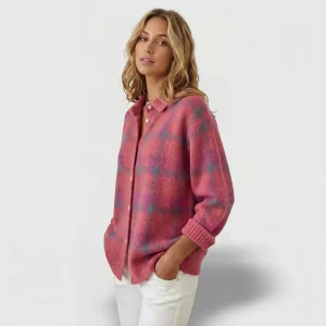 Cardigan Femme Maille à Carreaux – Coupe Relax Boutonnée | Maille Texturée Brossée